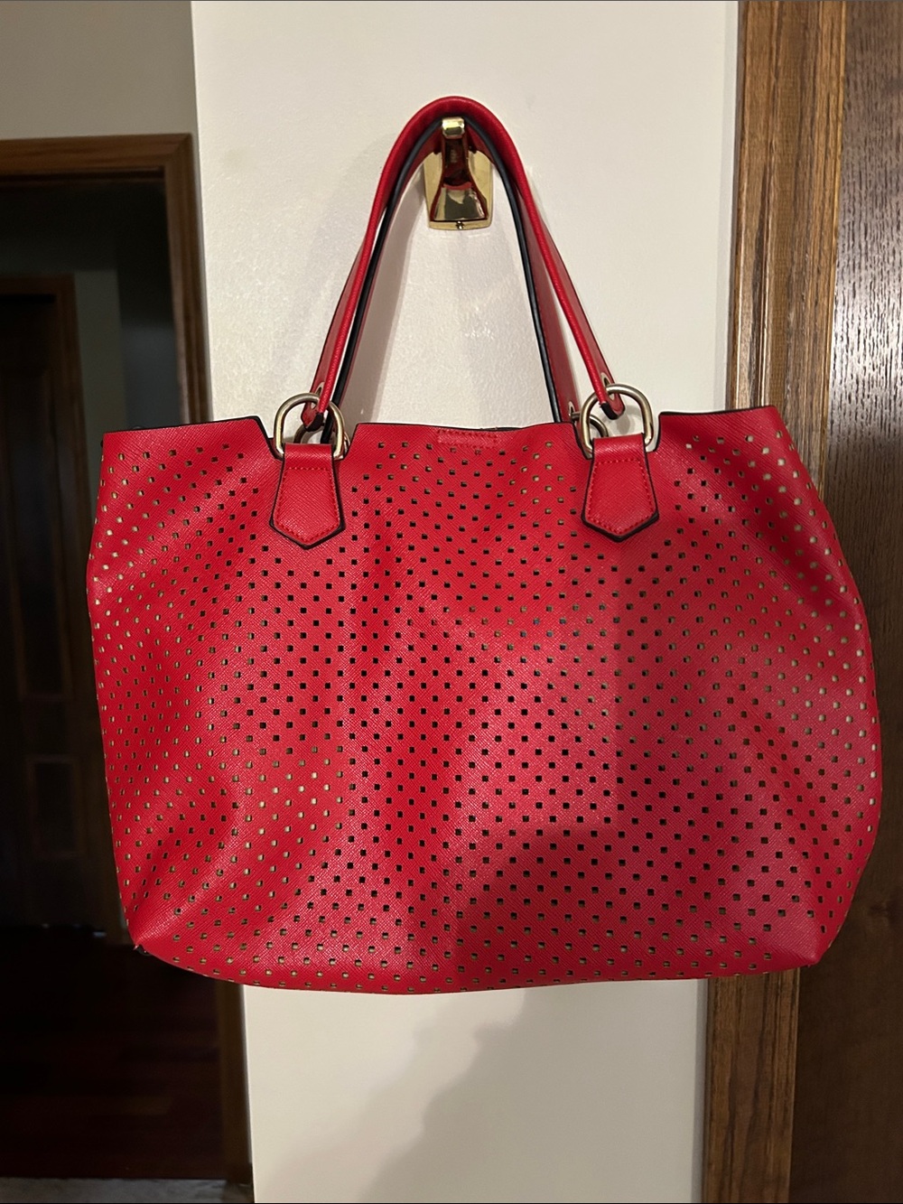 Red Perforated Tote Bag - Classic Women’s Handbag